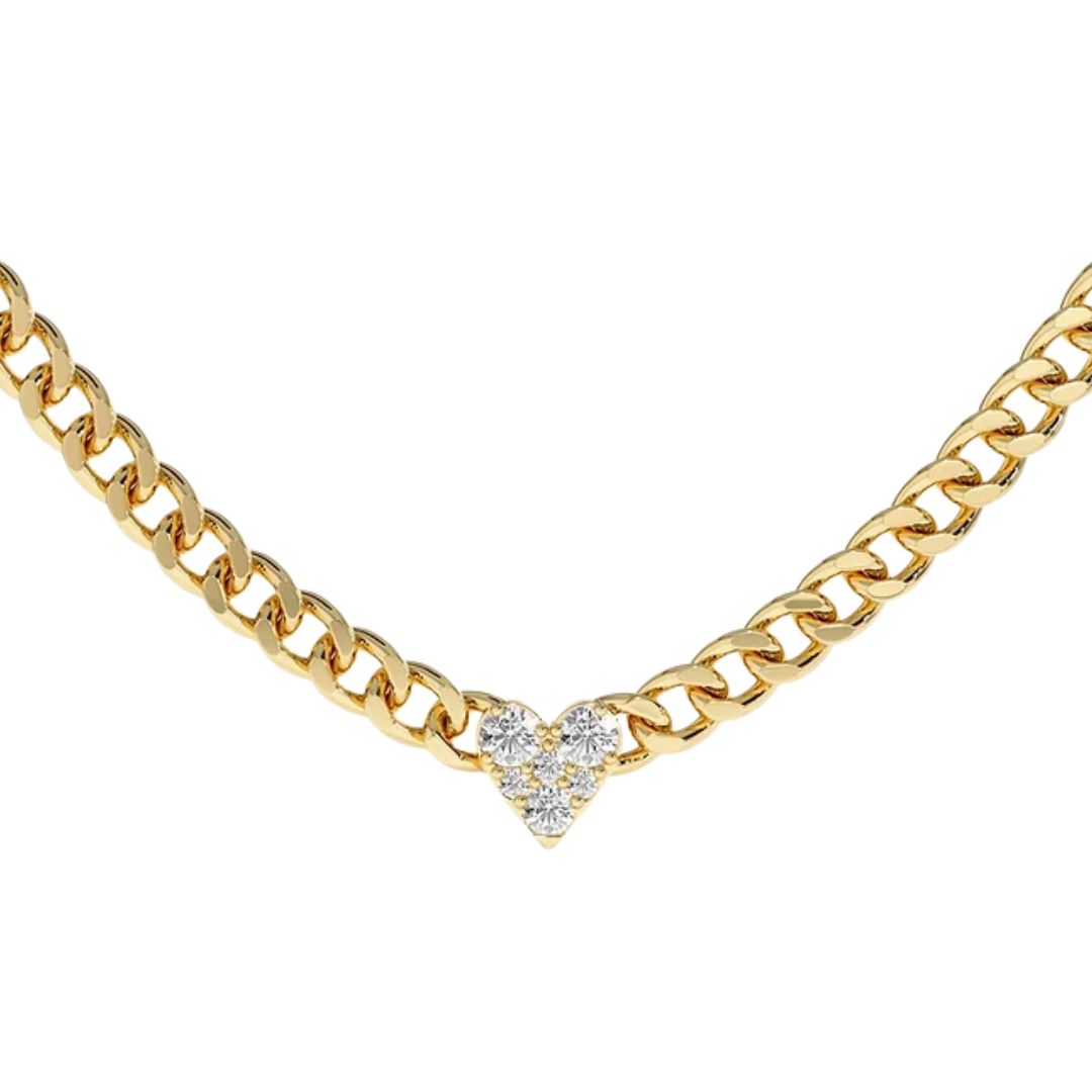 Diamond Heart Charm with Cuban Chain, Heart Shape Necklace